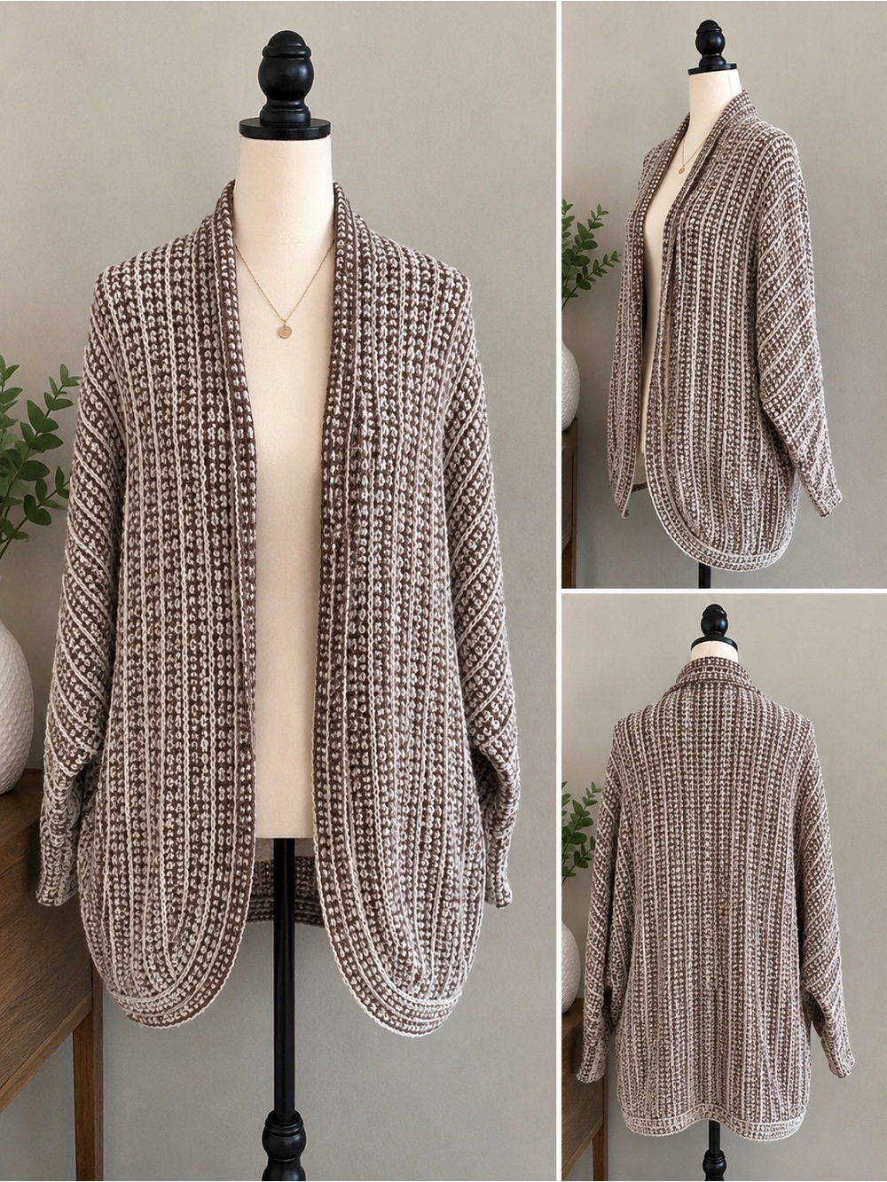 Pink Rose Open Front Chunky Knit Cardigan Heather Mocha Oatmeal Boho Cozy M NWT